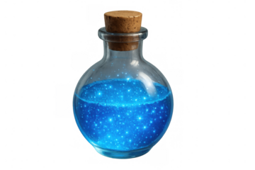 Translucent glass bottle holding luminescent blue liquid, sparkling against clear backdrop