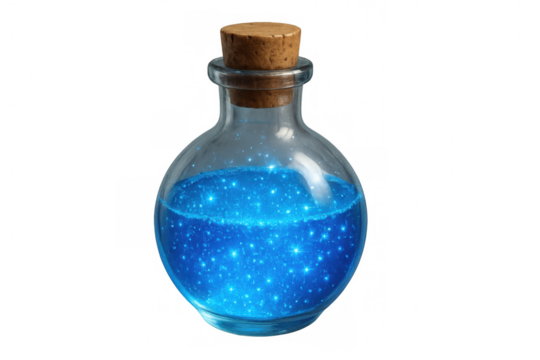Translucent glass bottle holding luminescent blue liquid, sparkling against clear backdrop