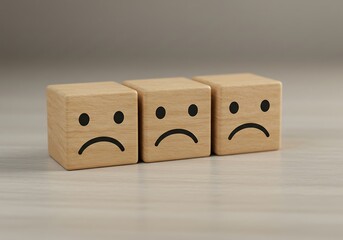 Three Wooden Blocks Displaying Sad Emojis. Generative AI