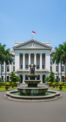 Obraz premium Frontal view of Gedung Negara Grahadi, Surabaya, Indonesia, featuring a fountain, palm trees, and the Indonesian flag waving atop the building.