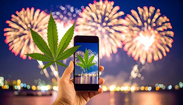 Smartphone photo of fireworks with marijuana leaf
