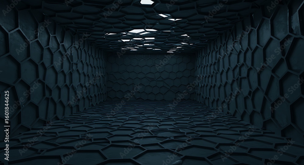 Poster empty room with distinct geometric pattern made up of hexagonal structures