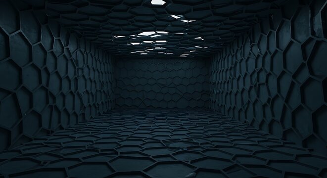 Empty room with distinct geometric pattern made up of hexagonal structures
