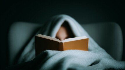 woman curled up in cozy chair reading paperback book with soft lighting and blanket