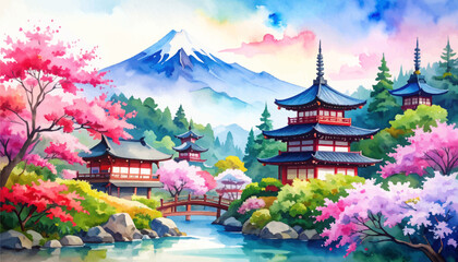 Tranquil Japanese landscape featuring nature and temples. Japanese painting with cherry blossoms and temples. Beautiful Mount Fuji with colorful trees and buildings. Idyllic Japanese landscape 