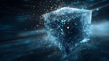 Abstract glowing cube composed of tiny digital particles against a dark, blurred background with light streaks