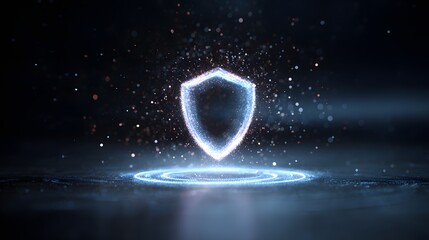 Glowing digital shield emanating light particles on a dark background with circular energy effect