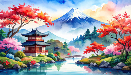 Watercolor of temples and Mt. Fuji in Japan. Springtime in Japan with vibrant cherry blossom. Japanese scenery with river, trees, and Mount Fuji. Majestic Mount Fuji with a traditional Japanese temple