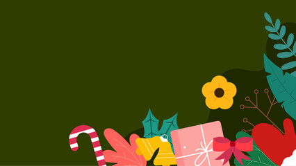 Christmas themed illustration with gifts, candy, and flowers. Perfect for holiday greeting cards, social media posts, or festive designs.