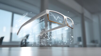 Futuristic augmented reality glasses displaying financial data and charts in a modern office environment