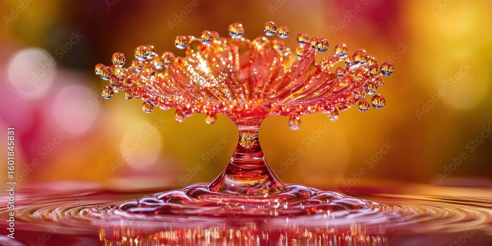 Poster a macro shot of a water droplet creating mesmerizing ripples as it collides with a smooth surface