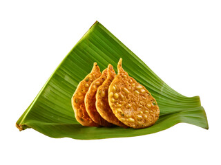 Crispy Fritters Arranged in a Triangle Formation on a Large Banana Leaf, on clean Transparent Background