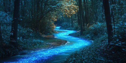 A magical forest where a luminescent blue river winds through glowing trees