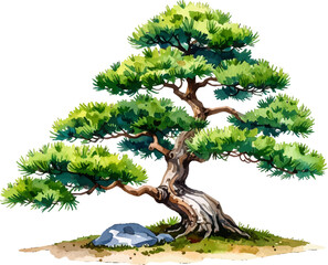 Peaceful Bonsai tree in a decorative arrangement. Lush green Bonsai tree in a decorative pot. Bonsai tree with elegant branches and roots. Relaxing image of Bonsai tree in watercolor style