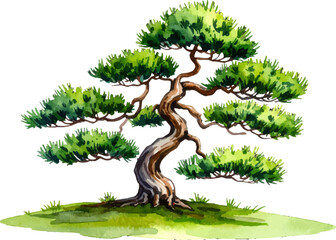 Beautiful Bonsai tree with vibrant green leaves. Artistic illustration of a Bonsai tree with rock. Bonsai tree in a serene landscape with rocks. Detailed painting of a Bonsai tree with lush foliage