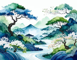Japanese landscape with lush trees and flowing river. Spring landscape with blooming flowers and mountains. Peaceful river winding through tranquil forest scene. Green lush mountains