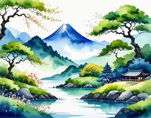  Serene mountain landscape with flowing river and trees. Peaceful nature scene with river and spring blossoms. Tranquil mountain view. Calming landscape with blue mountains and peaceful stream