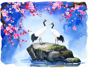 Peaceful nature scene with cranes and blooming trees. Cranes in spring surrounded by cherry blossoms. Tranquil Japanese crane birds by water and trees. Stunning cherry blossoms with cranes on rocks
