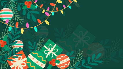 Festive decor of gifts, ornaments, and lights perfect for holiday promotions, greeting cards, and social media posts. Great for Christmas.