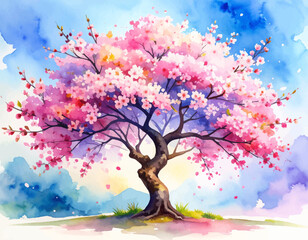Watercolor cherry blossom tree in a scenic landscape. Soft watercolor pink flowers on a blooming tree. Elegant sakura tree painted with soft watercolors. Lovely pink cherry tree with watercolor