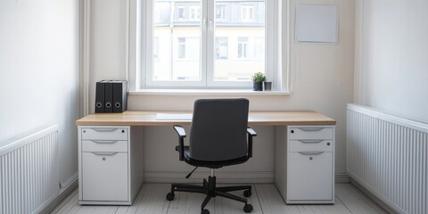 A minimalist office desk with a rolling chair storage cabinets and binders by a window