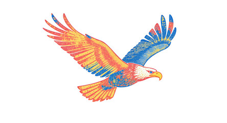 Pixelated Eagle Illustration Featuring Yellow and Blue Color with Wings Spread on a Dark Background