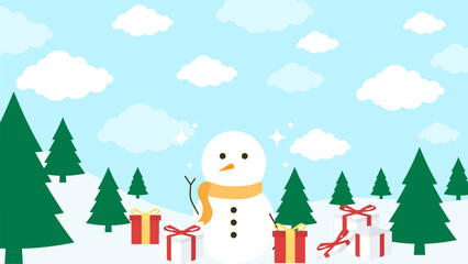 Happy snowman with gifts in snowy scene ideal for winter holiday designs, greeting cards, social media posts, and Christmas illustrations.