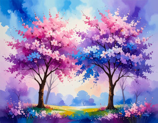 Bright spring trees in pink and purple hues. Colorful trees with watercolor floral blossoms. Soft pastel trees blooming in watercolor art. Vibrant flowers and trees in a dreamy scene. Spring trees