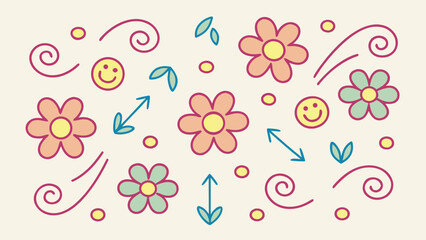 Kid style crayon vector illustrations set with randomly placed fun doodles including nature symbols ideal for child friendly printables