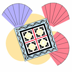 Italy summer bandana print set, Amalfi vector lemon hand drawn square tile, blue mediterranean stamp. Sicilian traditional fashion design, seashell blanket background. Italy textile decoration print