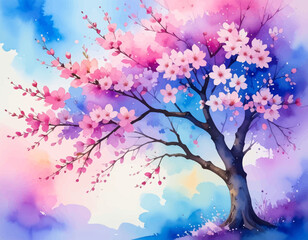 Vibrant cherry blossom tree in watercolor style. Colorful blossom tree with a dreamy watercolor effect. Cherry blossom tree in pink and purple. Beautiful watercolor of cherry blossoms and tree.