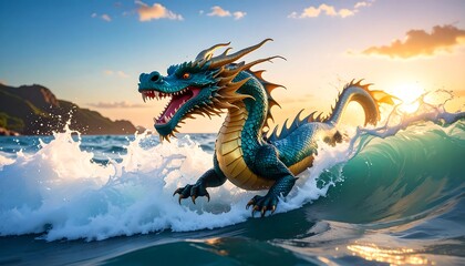 Majestic dragon riding a sunrise wave