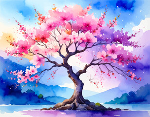 Dreamy watercolor tree with pink flowers and soft hues. Blossoming tree with watercolor floral bursts. Cherry blossom tree with vibrant pink petals. Pink and purple pastel watercolor cherry blossoms