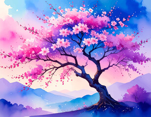 Watercolor tree with pastel flower and vibrant hues. spring tree with blooming cherry blossoms. Watercolor cherry tree blossoms with dreamy atmosphere. Beautiful spring tree in soft watercolor palette