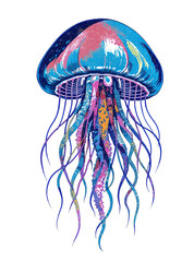 Pixelated Jellyfish with Long Tentacles Swimming on Transparent Background Art Illustration
