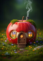 Apple house fairy tale cottage whimsical fantasy art charming home garden nature illustration magical world