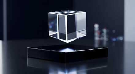 Crystal Cube Floats Above Black Platform in Studio, Creating a Minimalist Abstract Scene