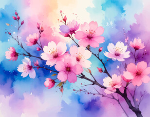 abstract painting of delicate cherry blossoms. Watercolor cherry blossoms in pastel hues of pink. Blossom in pink watercolor on dreamy background. Romantic spring flowers in pink and purple watercolor