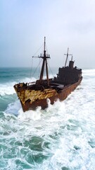 Rusty ship wreck in stormy sea