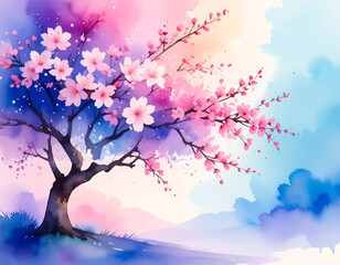 Serene watercolor of sakura flowers and rolling hills. Elegant cherry blossoms against a peaceful sky. Lovely cherry tree in a tranquil spring setting. Soft gradient watercolor sky with blooming tree