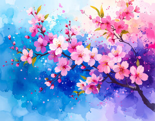 Abstract pink flowers with blue watercolor background. Artistic pink cherry blossom petals with a blue sky. Watercolor art of cherry blossoms. Bright watercolor flowers in shades of pink and blue