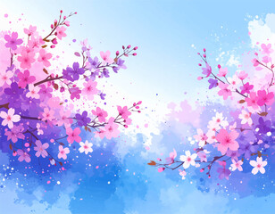 Pink and purple floral watercolor background. Blossom tree with soft pastel watercolor hues. Abstract spring flowers in pink and purple shades. Watercolor painting of blooming flowers in soft tones