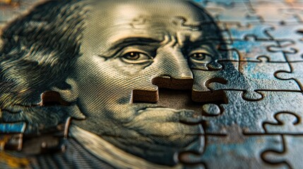 Jigsaw puzzle with missing piece of Benjamin Franklin, symbolizing business challenges and solutions.