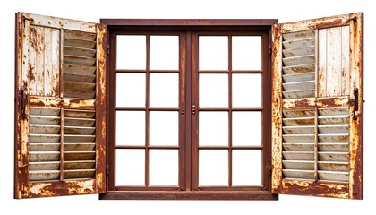 Rusty window with open shutters