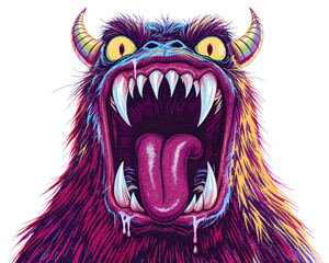 Pixelated Monster Creature with Open Mouth and Sharp Teeth in a Purple Color Palette Against Transparent Background