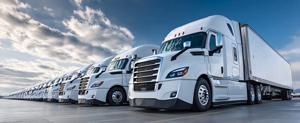 The fleet of white trucks lined up in perfect order under the blue sky.