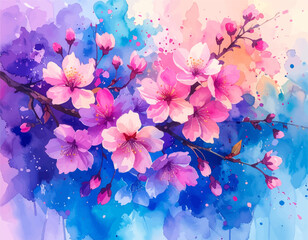 Pink cherry blossoms watercolor painting art. Vibrant watercolor flowers in pink and blue. Beautiful pink floral branches in abstract style. Soft watercolor cherry blossom flowers on branches