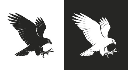 Obraz premium Two eagles, one black on white, one white on black, wings spread, talons extended, in a dynamic, predatory pose.