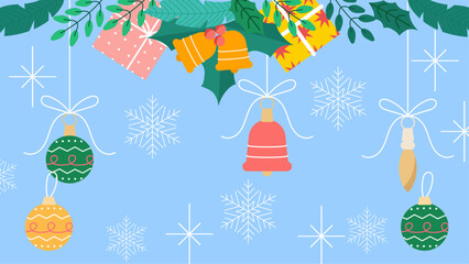 Festive Christmas decorations with bells, ornaments, gifts, and snowflakes. Perfect for holiday themed designs, greeting cards, invitations, and social media posts.