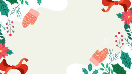 Christmas card design featuring mittens, bows, and holly, perfect for holiday greetings, invitations, and festive stationery. Holy jolly delight!